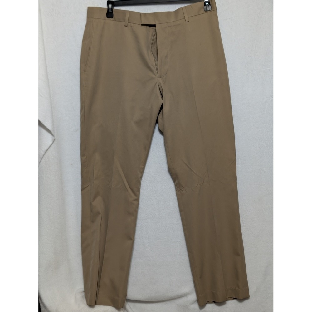 Perry Ellis Portfolio Mens Tan Khaki Dress Pants 36x30 Flat Front Polyester‎